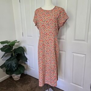 Jessy B Floral Midi Dress Womens XL Orange Blue Back Cutout Slit Made IN USA
